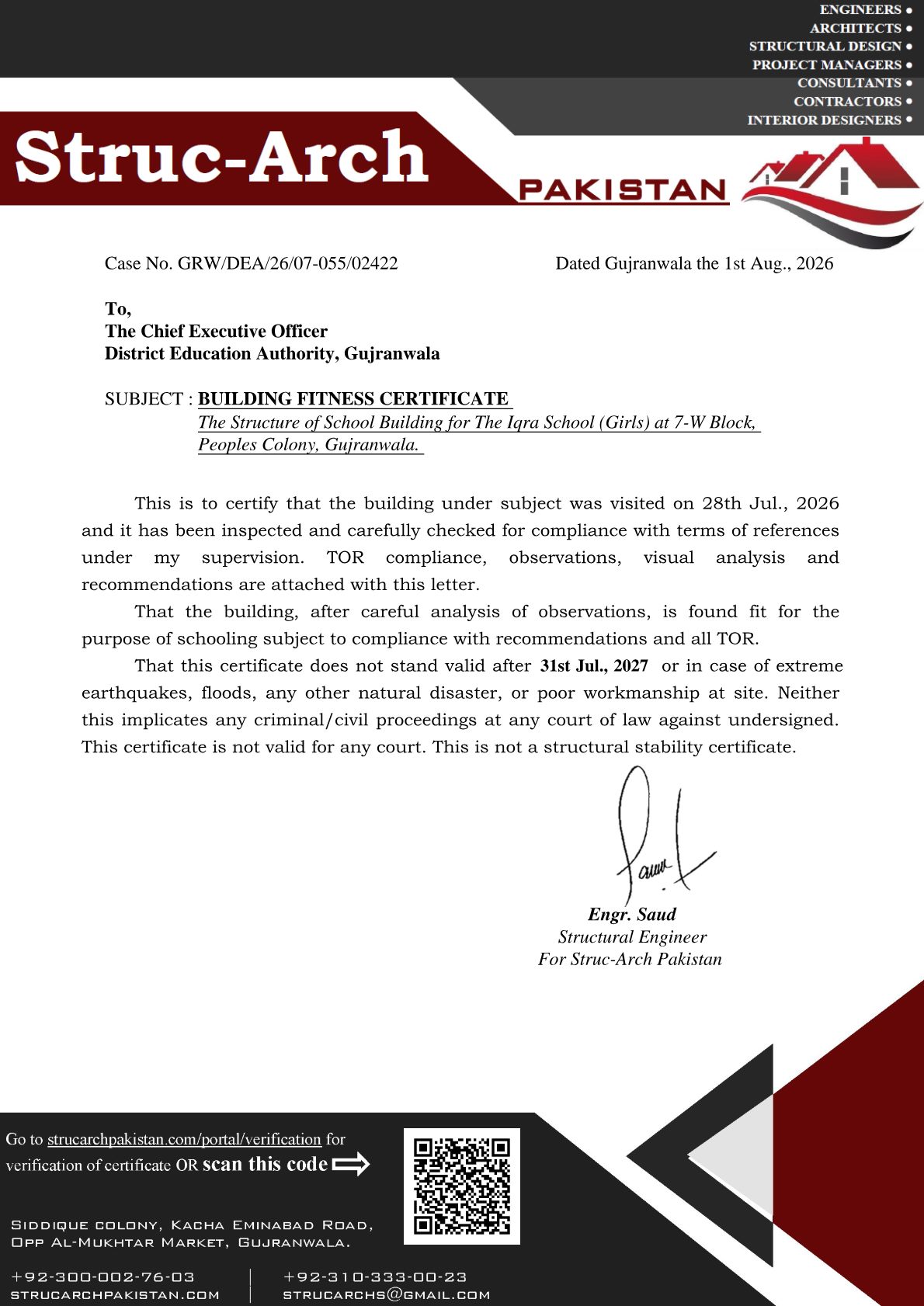 Sample building fitness certificate issued by Struc-Arch Pakistan